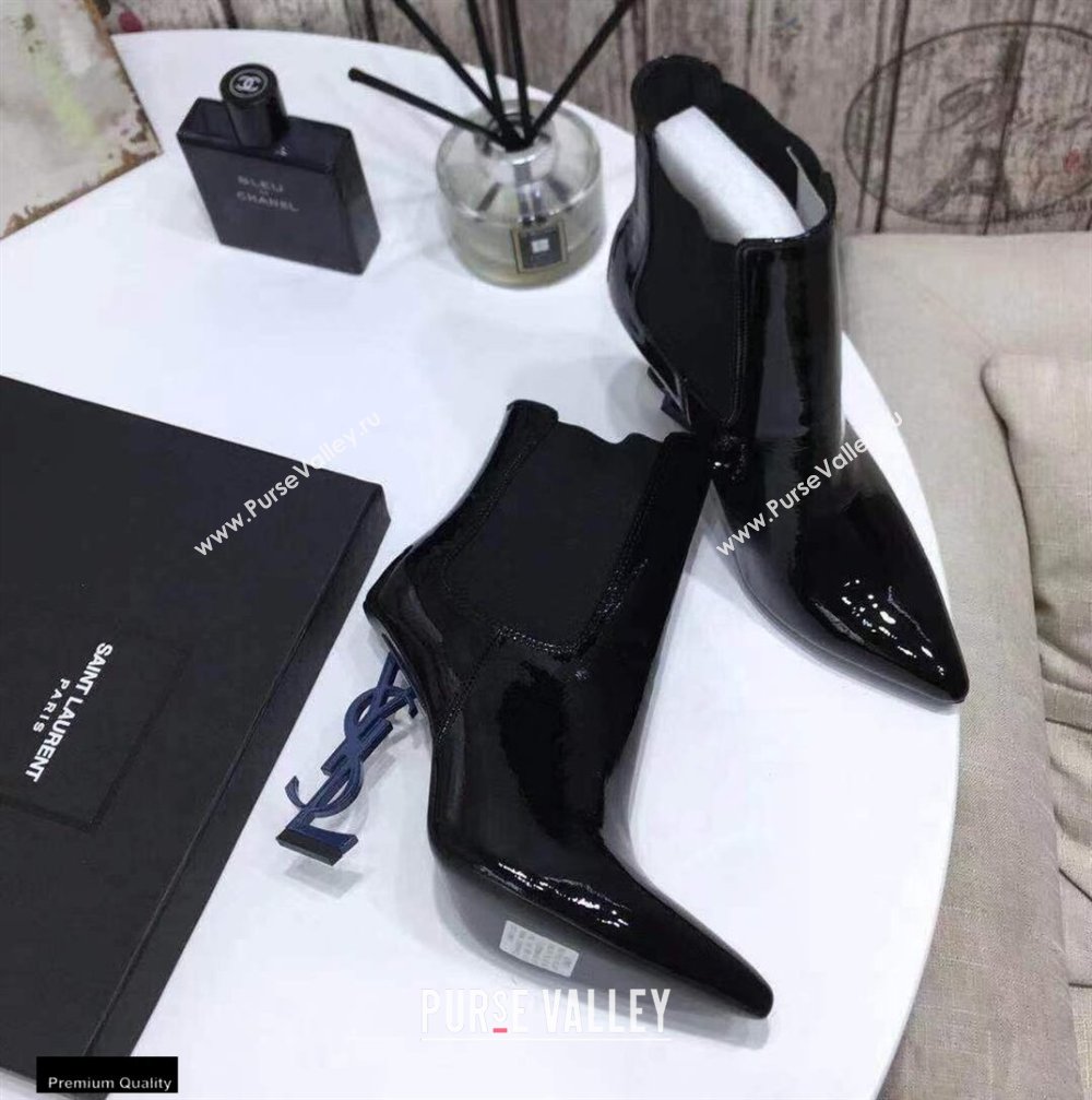 Saint Laurent Opyum Ankle Boots Patent Black with Blue Interlocking YSL Logo Heel 11cm (modeng-20122903)