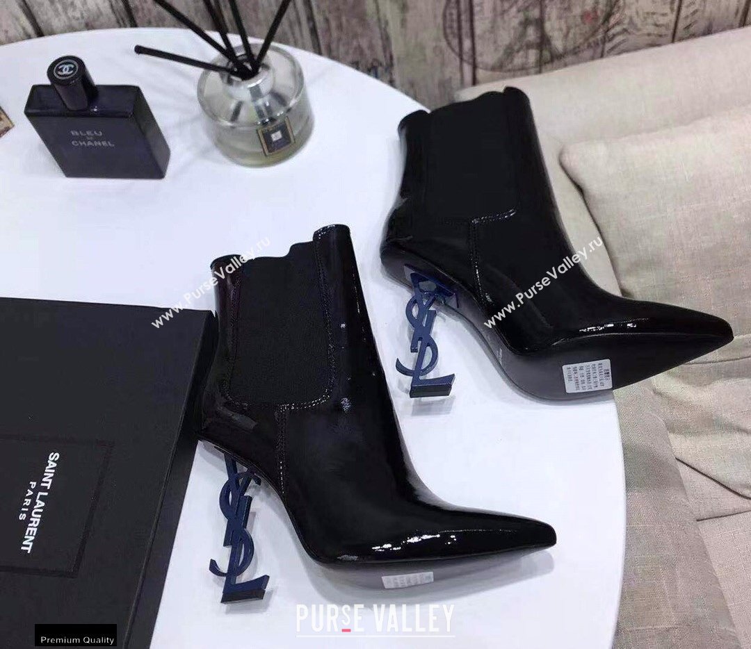 Saint Laurent Opyum Ankle Boots Patent Black with Blue Interlocking YSL Logo Heel 11cm (modeng-20122903)