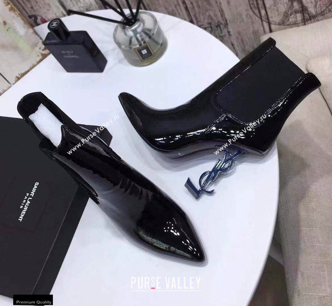 Saint Laurent Opyum Ankle Boots Patent Black with Blue Interlocking YSL Logo Heel 11cm (modeng-20122903)