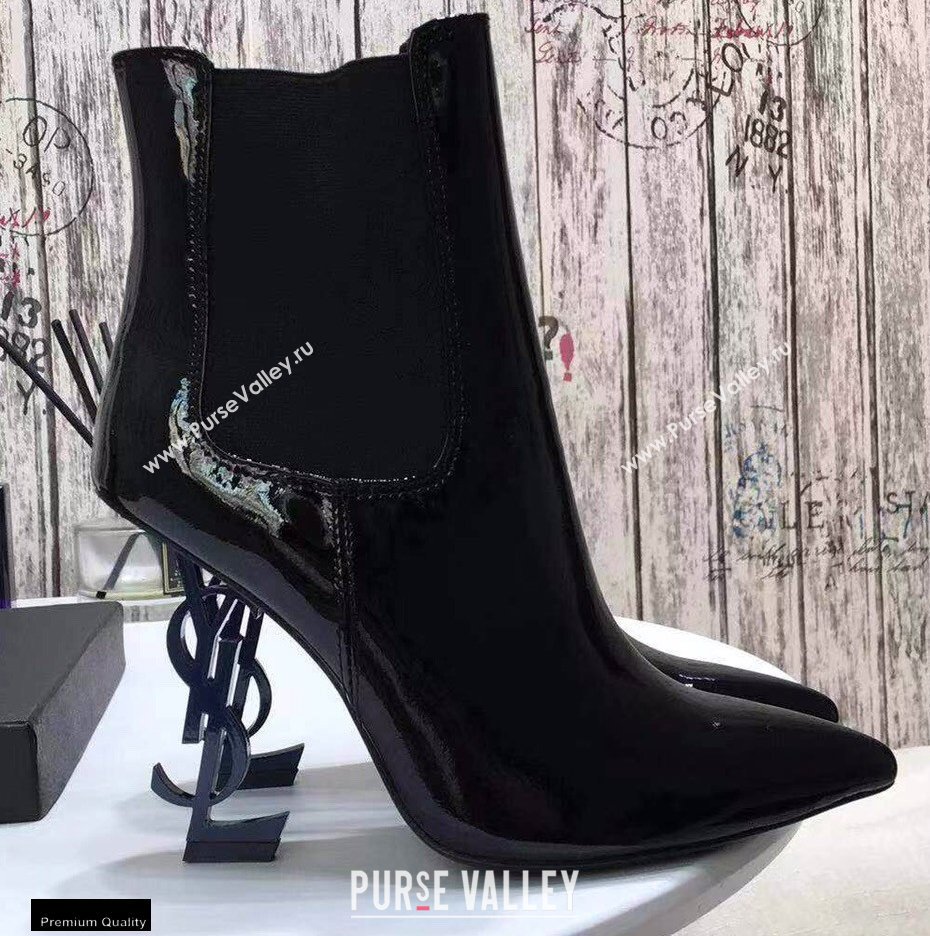 Saint Laurent Opyum Ankle Boots Patent Black with Blue Interlocking YSL Logo Heel 11cm (modeng-20122903)