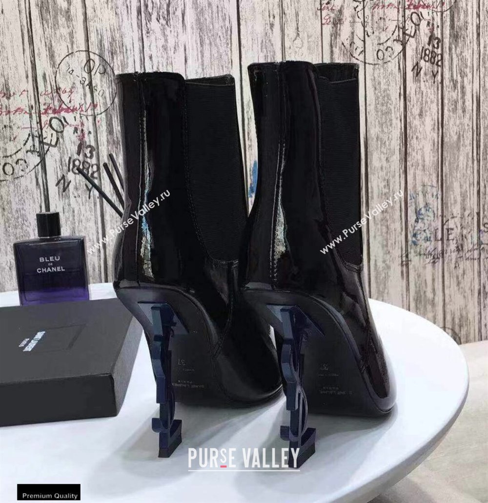 Saint Laurent Opyum Ankle Boots Patent Black with Blue Interlocking YSL Logo Heel 11cm (modeng-20122903)