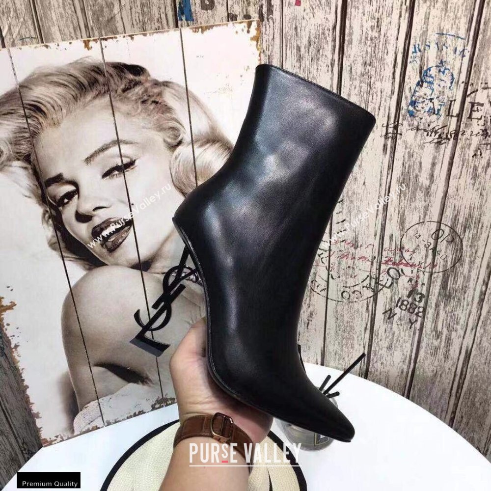 Saint Laurent Zip Opyum Ankle Boots Black with Black Interlocking YSL Logo Heel 11cm (modeng-20122909)