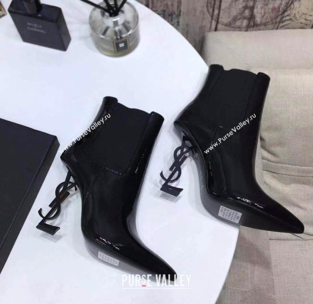 Saint Laurent Opyum Ankle Boots Patent Black with Black Interlocking YSL Logo Heel 11cm (modeng-20122902)