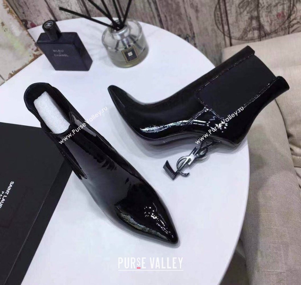 Saint Laurent Opyum Ankle Boots Patent Black with Black Interlocking YSL Logo Heel 11cm (modeng-20122902)