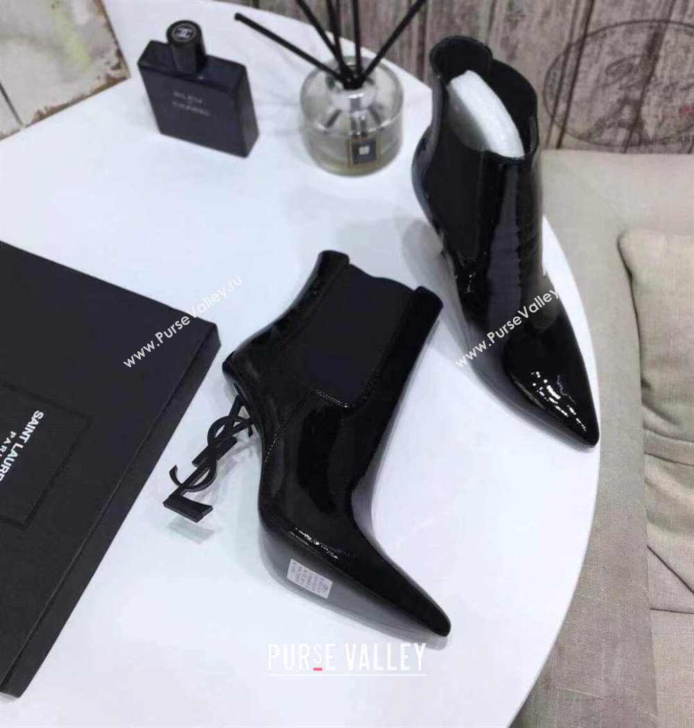 Saint Laurent Opyum Ankle Boots Patent Black with Black Interlocking YSL Logo Heel 11cm (modeng-20122902)