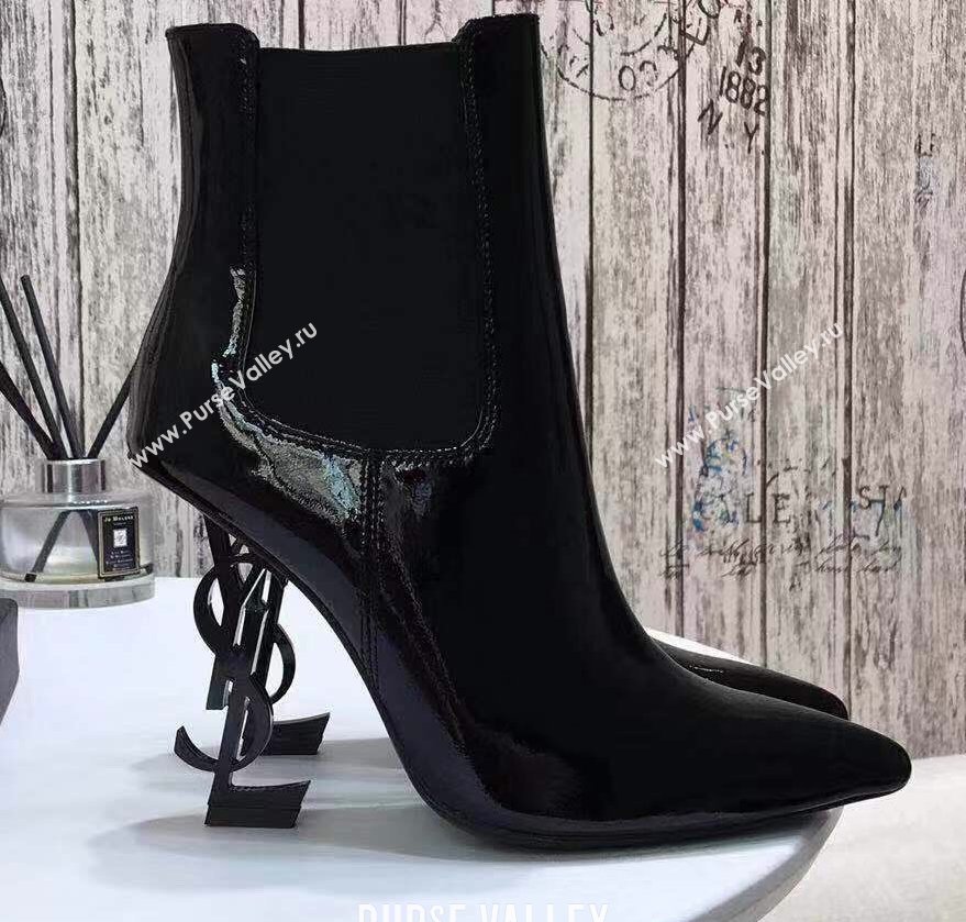 Saint Laurent Opyum Ankle Boots Patent Black with Black Interlocking YSL Logo Heel 11cm (modeng-20122902)