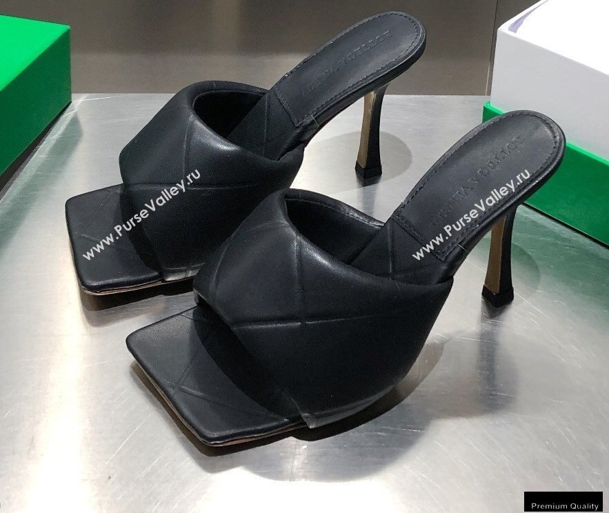Bottega Veneta Heel 9cm Square Sole Quilted The Rubber Lido Mules Sandals Black 2021 (modeng-21010450)