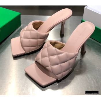 Bottega Veneta Heel 8cm Square Sole Quilted Padded Mules Sandals Nude Pink 2021 (modeng-21010428)