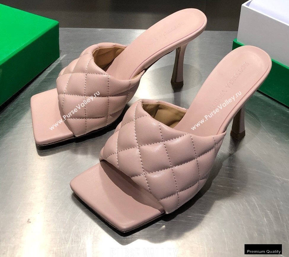 Bottega Veneta Heel 8cm Square Sole Quilted Padded Mules Sandals Nude Pink 2021 (modeng-21010428)