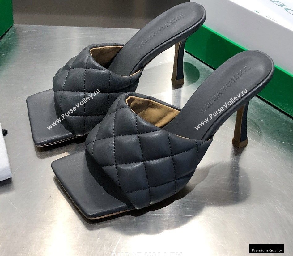 Bottega Veneta Heel 8cm Square Sole Quilted Padded Mules Sandals Dark Gray 2021 (modeng-21010429)