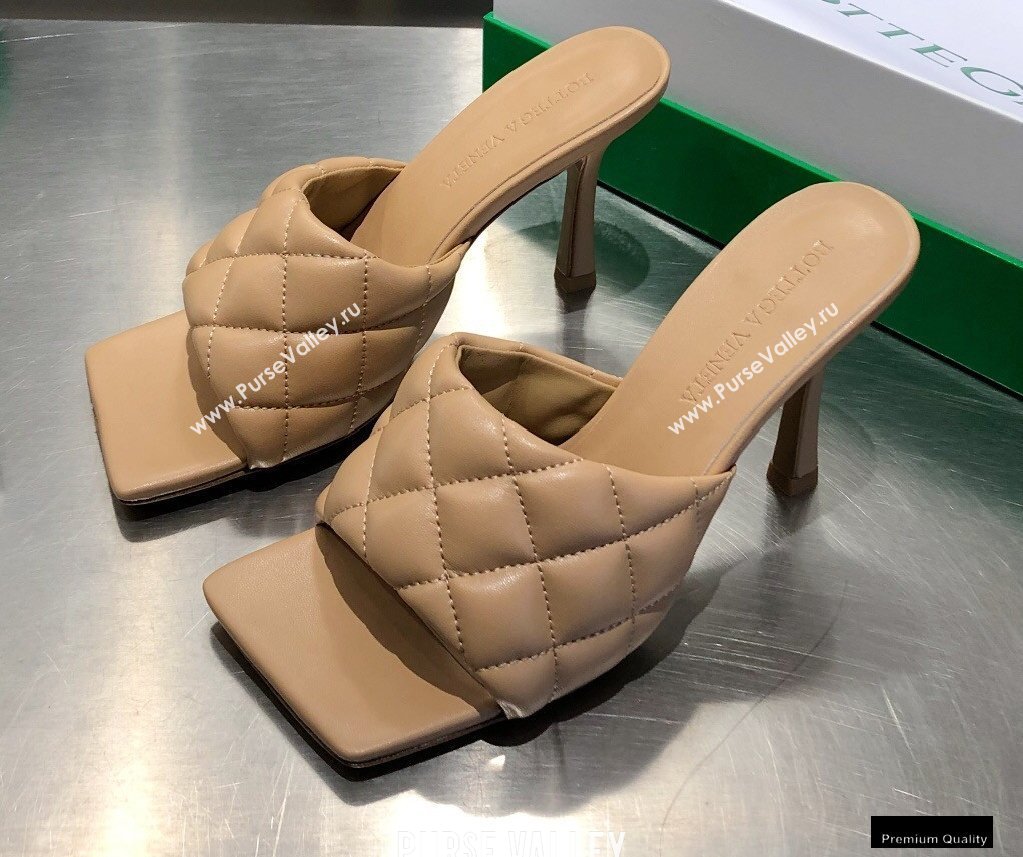 Bottega Veneta Heel 8cm Square Sole Quilted Padded Mules Sandals Beige 2021 (modeng-21010416)