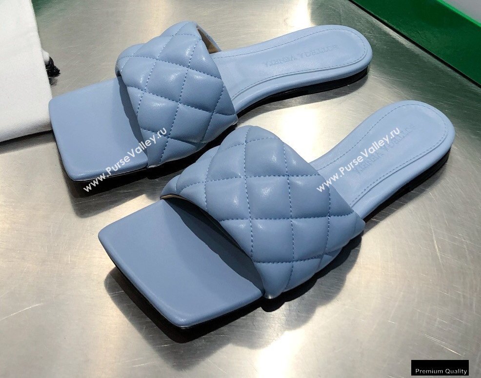 Bottega Veneta Square Sole Quilted Padded Flat Slides Sandals Baby Blue 2021 (modeng-21010438)