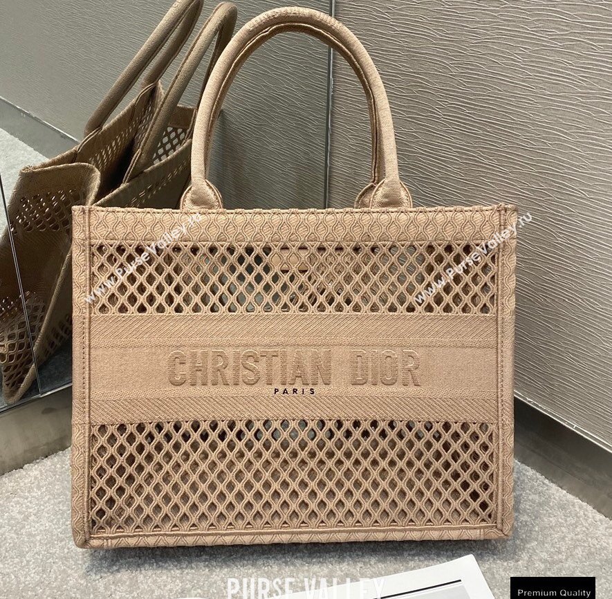 Dior Small Book Tote Bag in Nude Pink Mesh Embroidery 2021 (vivi-21010704)