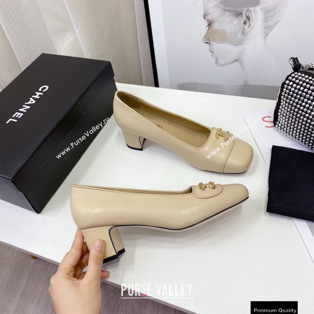 Chanel Heel 5cm CC Logo Pumps Beige Runway 2021 (modeng-21010711)