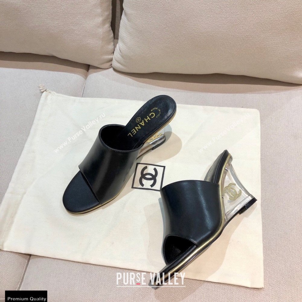 Chanel PVC Clear Wedge Heel Lambskin Mules Black 2021 (modeng-21010806)