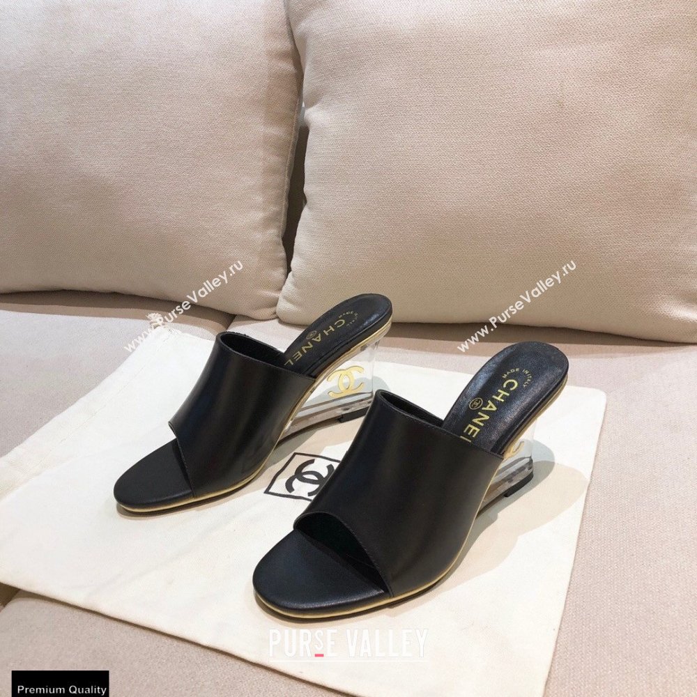 Chanel PVC Clear Wedge Heel Lambskin Mules Black 2021 (modeng-21010806)