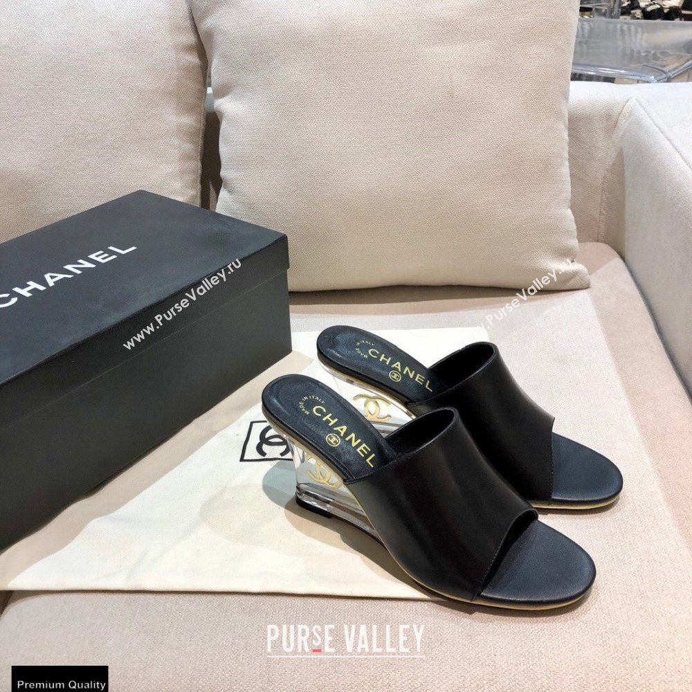 Chanel PVC Clear Wedge Heel Lambskin Mules Black 2021 (modeng-21010806)