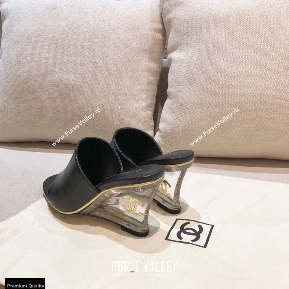 Chanel PVC Clear Wedge Heel Lambskin Mules Black 2021 (modeng-21010806)