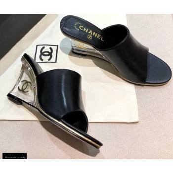 Chanel PVC Clear Wedge Heel Lambskin Mules Black 2021 (modeng-21010806)