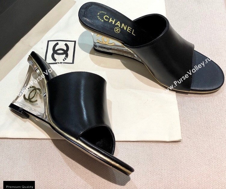 Chanel PVC Clear Wedge Heel Lambskin Mules Black 2021 (modeng-21010806)