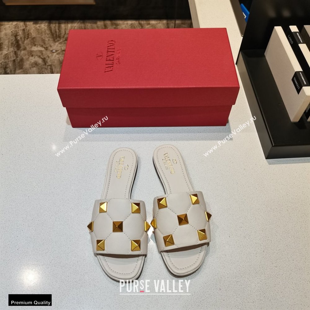 Valentino Quilted Calfskin Roman Stud Slide Sandals White 2021 (modeng-21011305)