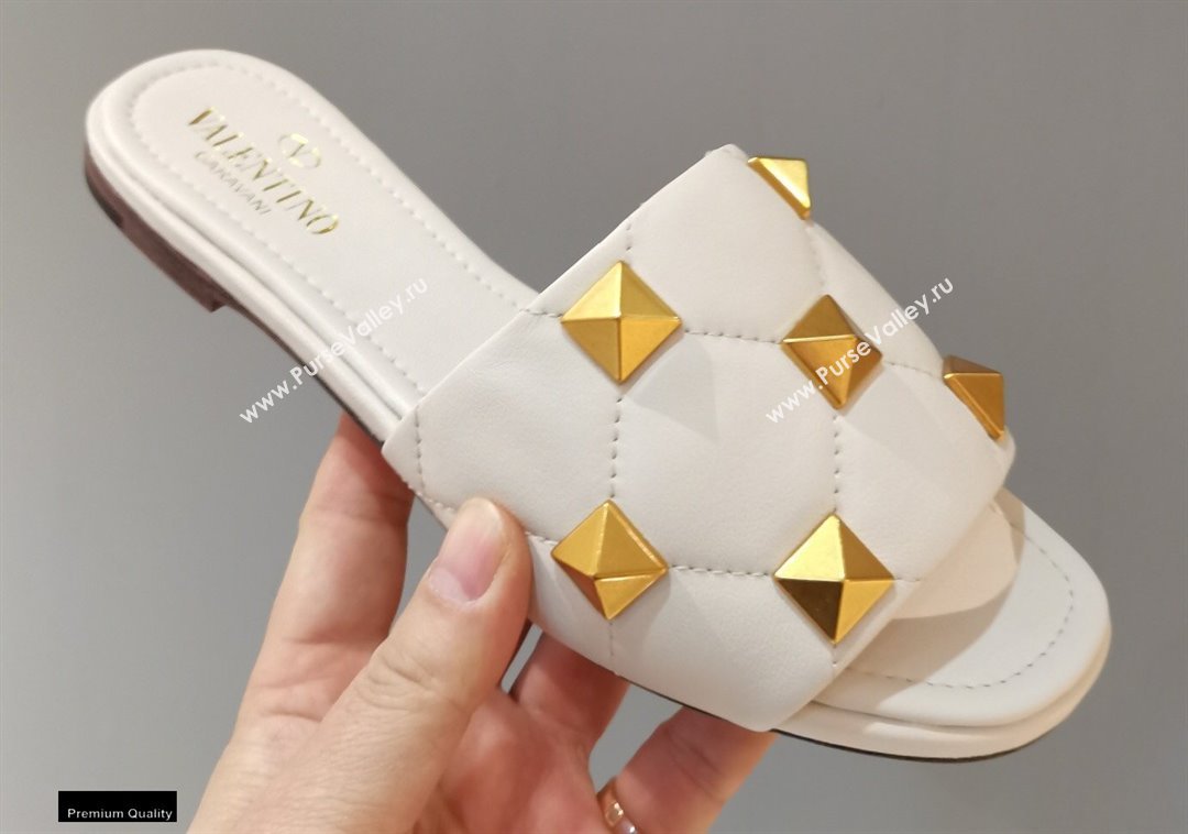 Valentino Quilted Calfskin Roman Stud Slide Sandals White 2021 (modeng-21011305)