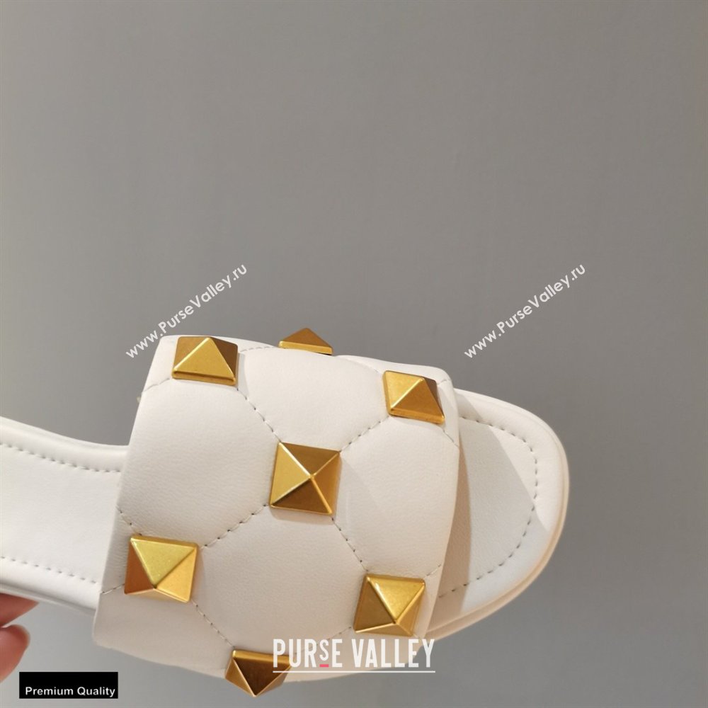 Valentino Quilted Calfskin Roman Stud Slide Sandals White 2021 (modeng-21011305)