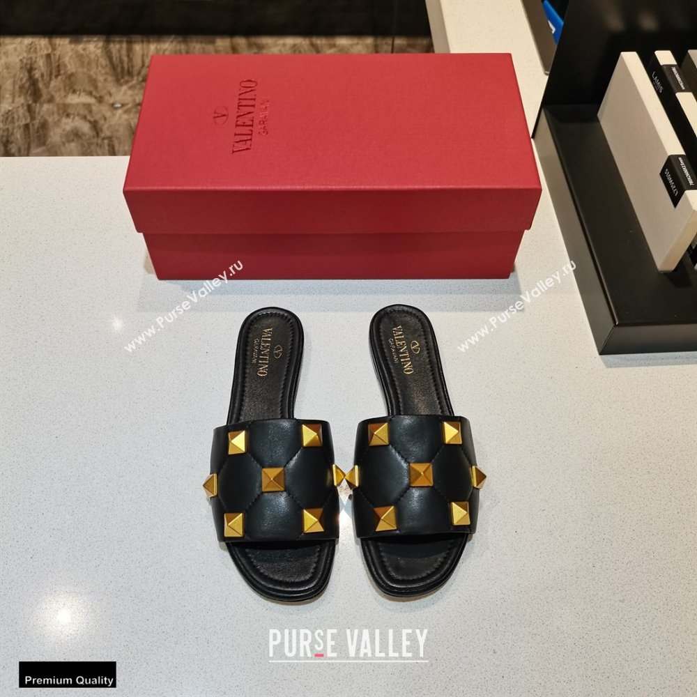 Valentino Quilted Calfskin Roman Stud Slide Sandals Black 2021 (modeng-21011304)
