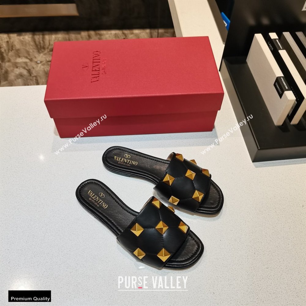 Valentino Quilted Calfskin Roman Stud Slide Sandals Black 2021 (modeng-21011304)