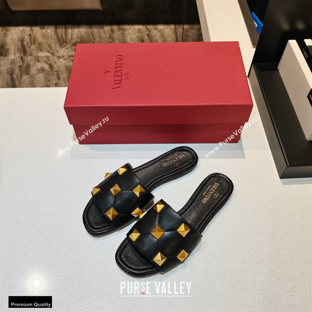 Valentino Quilted Calfskin Roman Stud Slide Sandals Black 2021 (modeng-21011304)