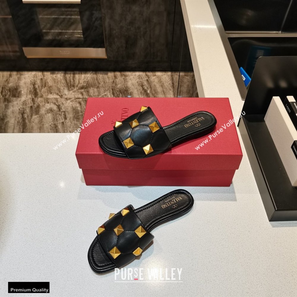 Valentino Quilted Calfskin Roman Stud Slide Sandals Black 2021 (modeng-21011304)