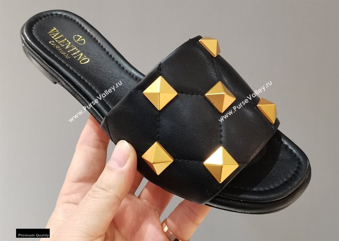 Valentino Quilted Calfskin Roman Stud Slide Sandals Black 2021 (modeng-21011304)