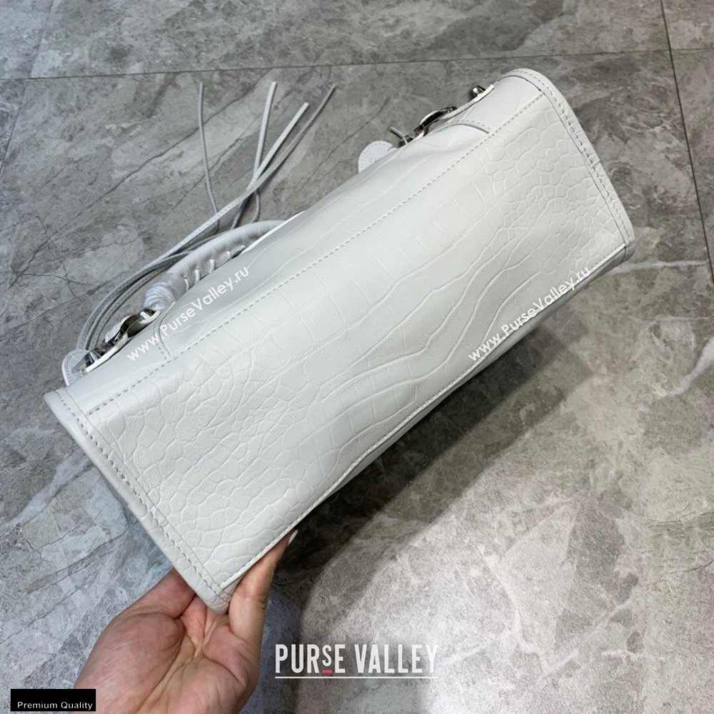 Balenciaga Classic City Small Bag Crocodile Embossed Calfskin White/Silver (jiemei-21011312)