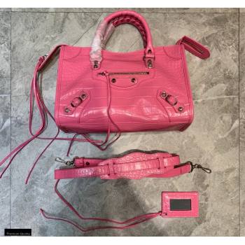 Balenciaga Classic City Small Bag Crocodile Embossed Calfskin Pink/Silver (jiemei-21011314)