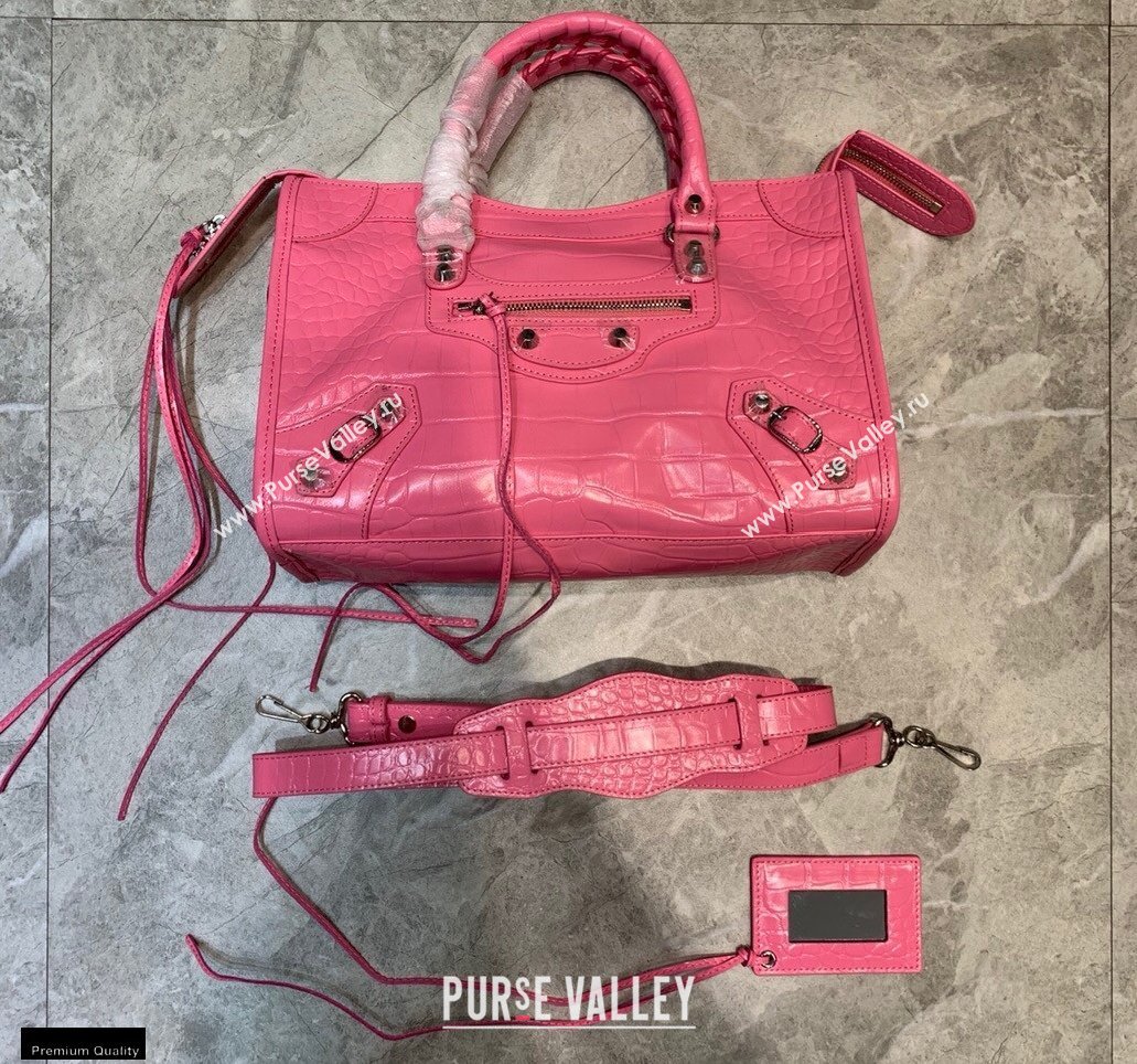 Balenciaga Classic City Small Bag Crocodile Embossed Calfskin Pink/Silver (jiemei-21011314)