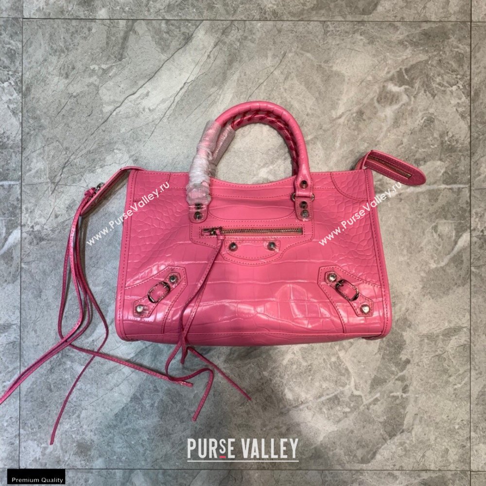 Balenciaga Classic City Small Bag Crocodile Embossed Calfskin Pink/Silver (jiemei-21011314)