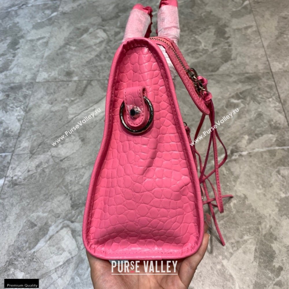 Balenciaga Classic City Small Bag Crocodile Embossed Calfskin Pink/Silver (jiemei-21011314)