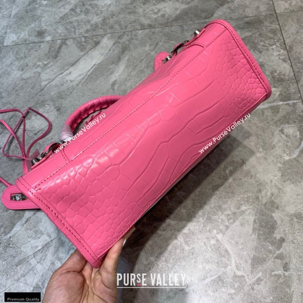 Balenciaga Classic City Small Bag Crocodile Embossed Calfskin Pink/Silver (jiemei-21011314)