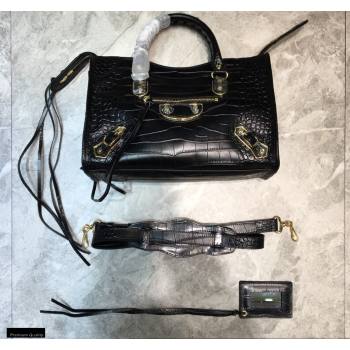 Balenciaga Classic City Small Bag Crocodile Embossed Calfskin Black/Gold (jiemei-21011304)