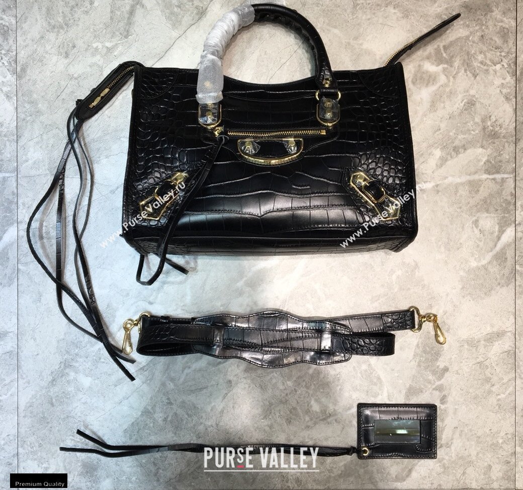 Balenciaga Classic City Small Bag Crocodile Embossed Calfskin Black/Gold (jiemei-21011304)