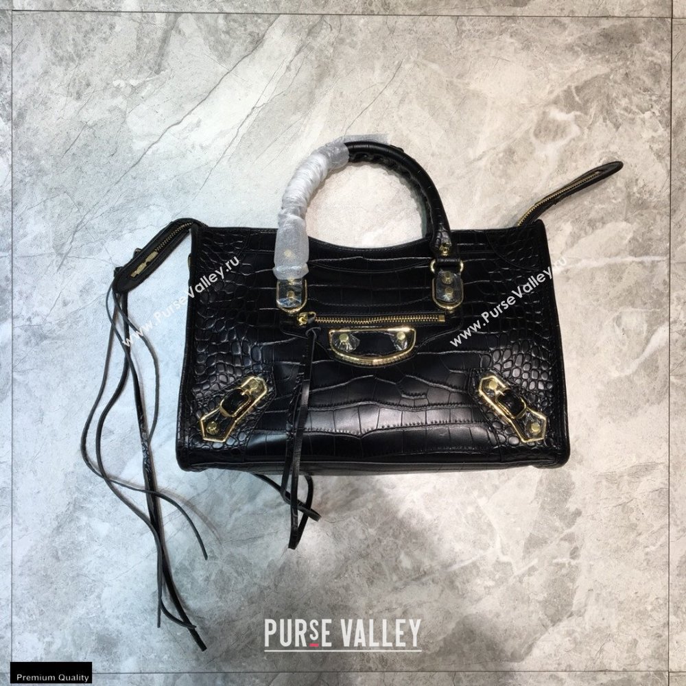 Balenciaga Classic City Small Bag Crocodile Embossed Calfskin Black/Gold (jiemei-21011304)