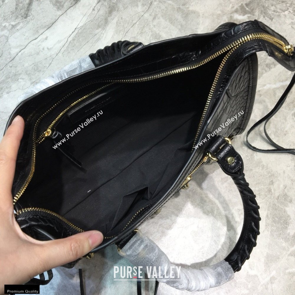 Balenciaga Classic City Small Bag Crocodile Embossed Calfskin Black/Gold (jiemei-21011304)