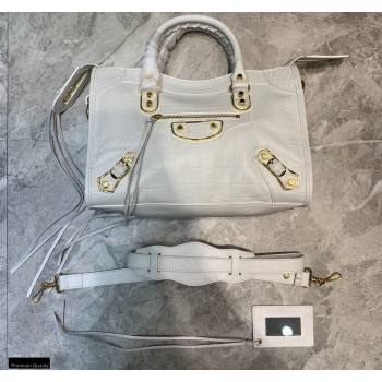 Balenciaga Classic City Small Bag Crocodile Embossed Calfskin White/Gold (jiemei-21011306)