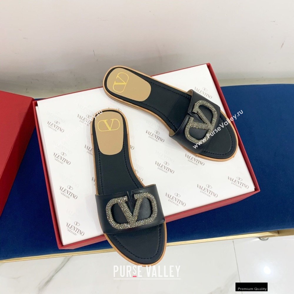 Valentino VLogo Signature Slide Sandals Black/Crystals 2021 (keer-21011405)