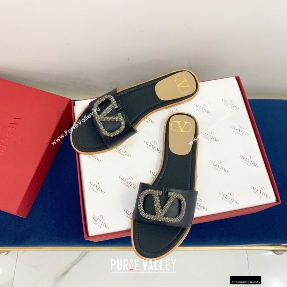 Valentino VLogo Signature Slide Sandals Black/Crystals 2021 (keer-21011405)
