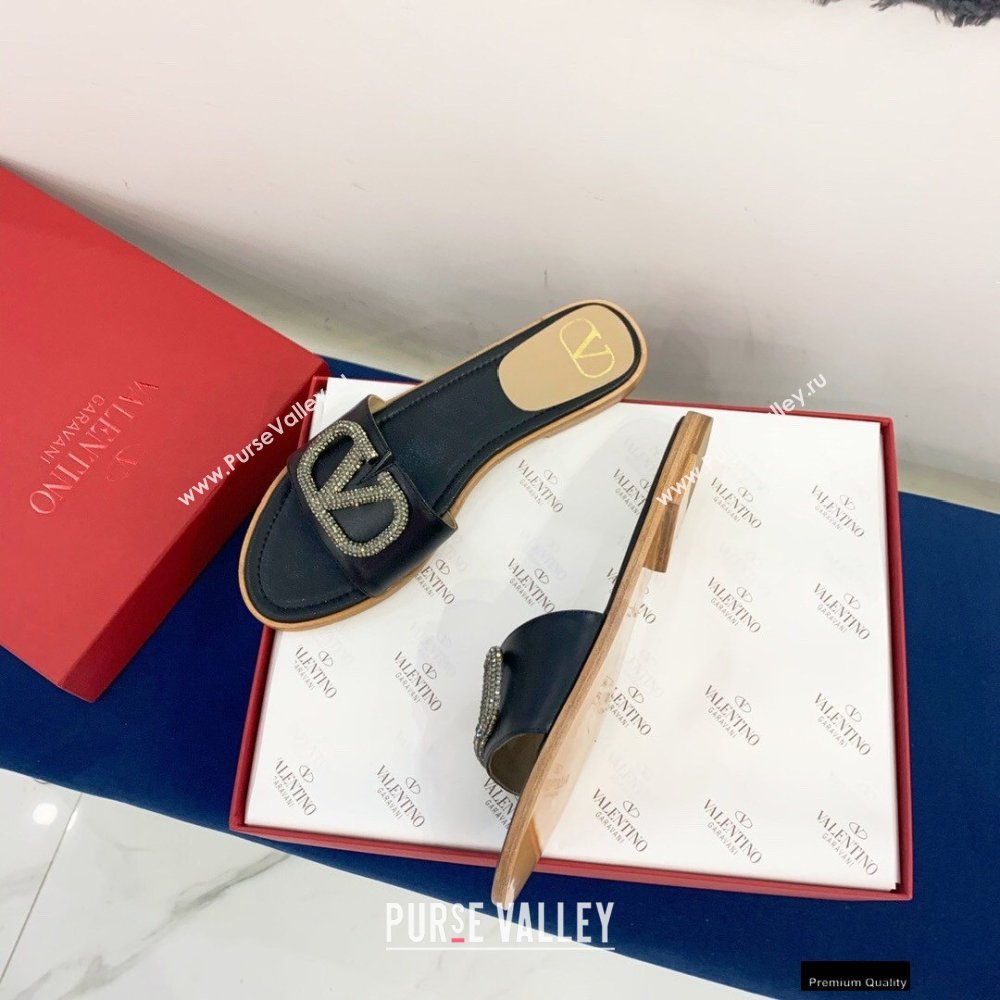 Valentino VLogo Signature Slide Sandals Black/Crystals 2021 (keer-21011405)