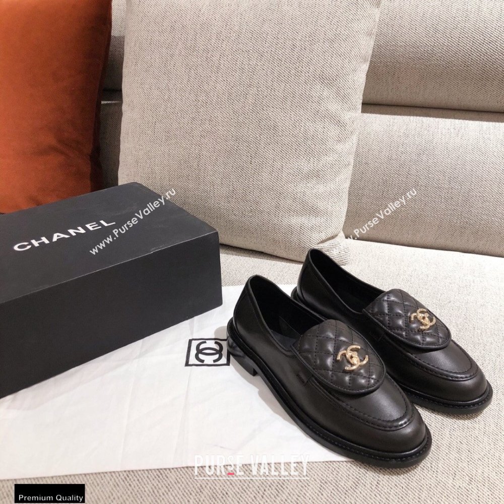 Chanel CC Logo and Quilting Flap Loafers Black 2021 (kaola-21011614)