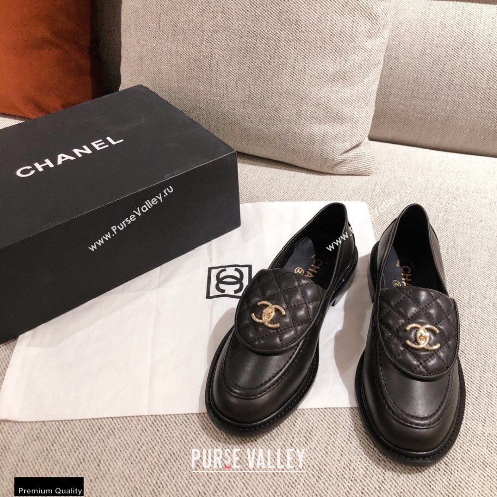 Chanel CC Logo and Quilting Flap Loafers Black 2021 (kaola-21011614)
