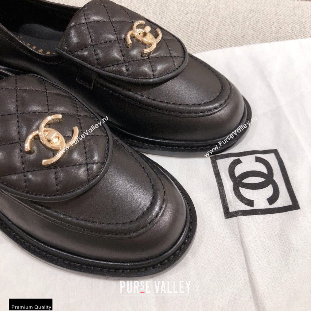 Chanel CC Logo and Quilting Flap Loafers Black 2021 (kaola-21011614)