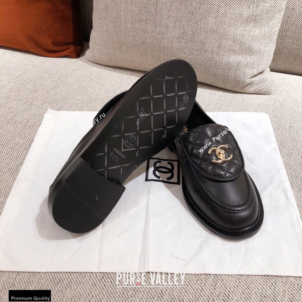 Chanel CC Logo and Quilting Flap Loafers Black 2021 (kaola-21011614)